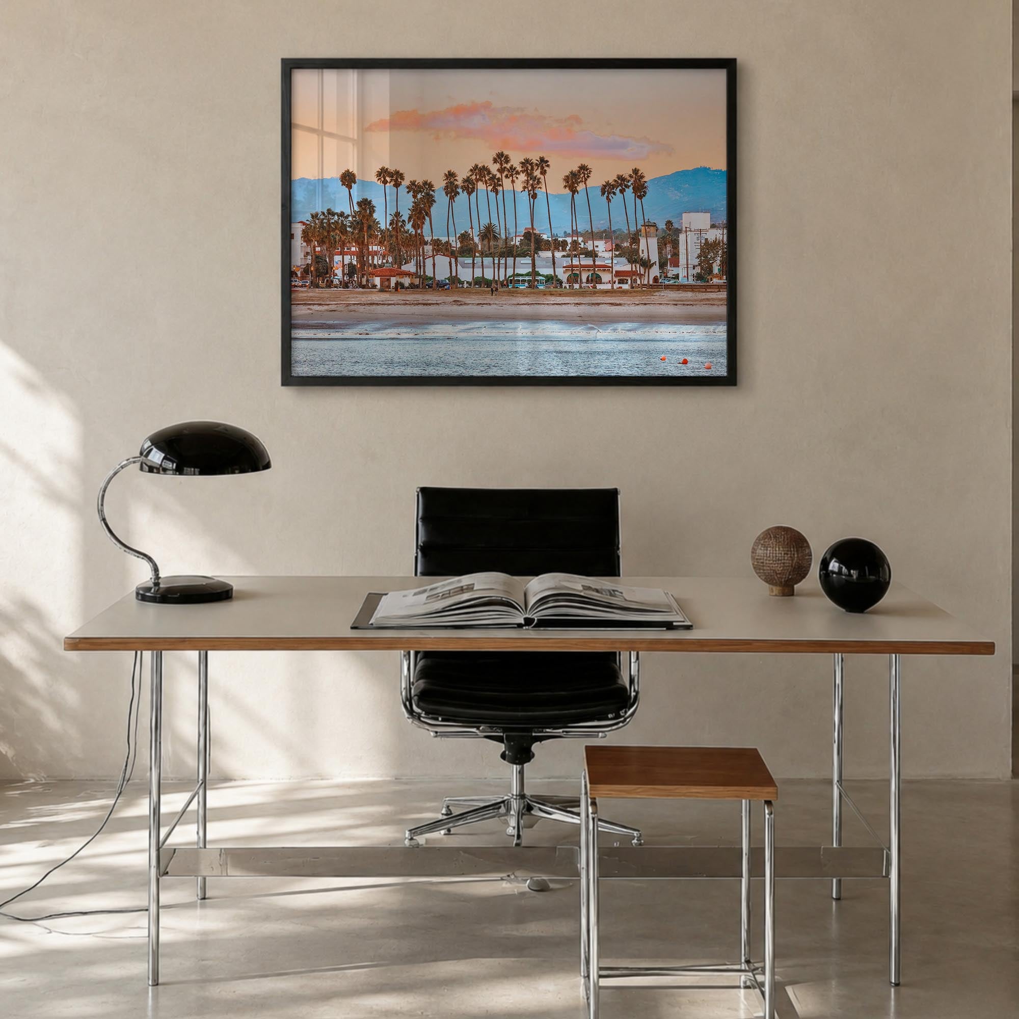 Santa Barbara colorful photo poster of California, USA – horizontal wall art in black wood frame, hanging on wall