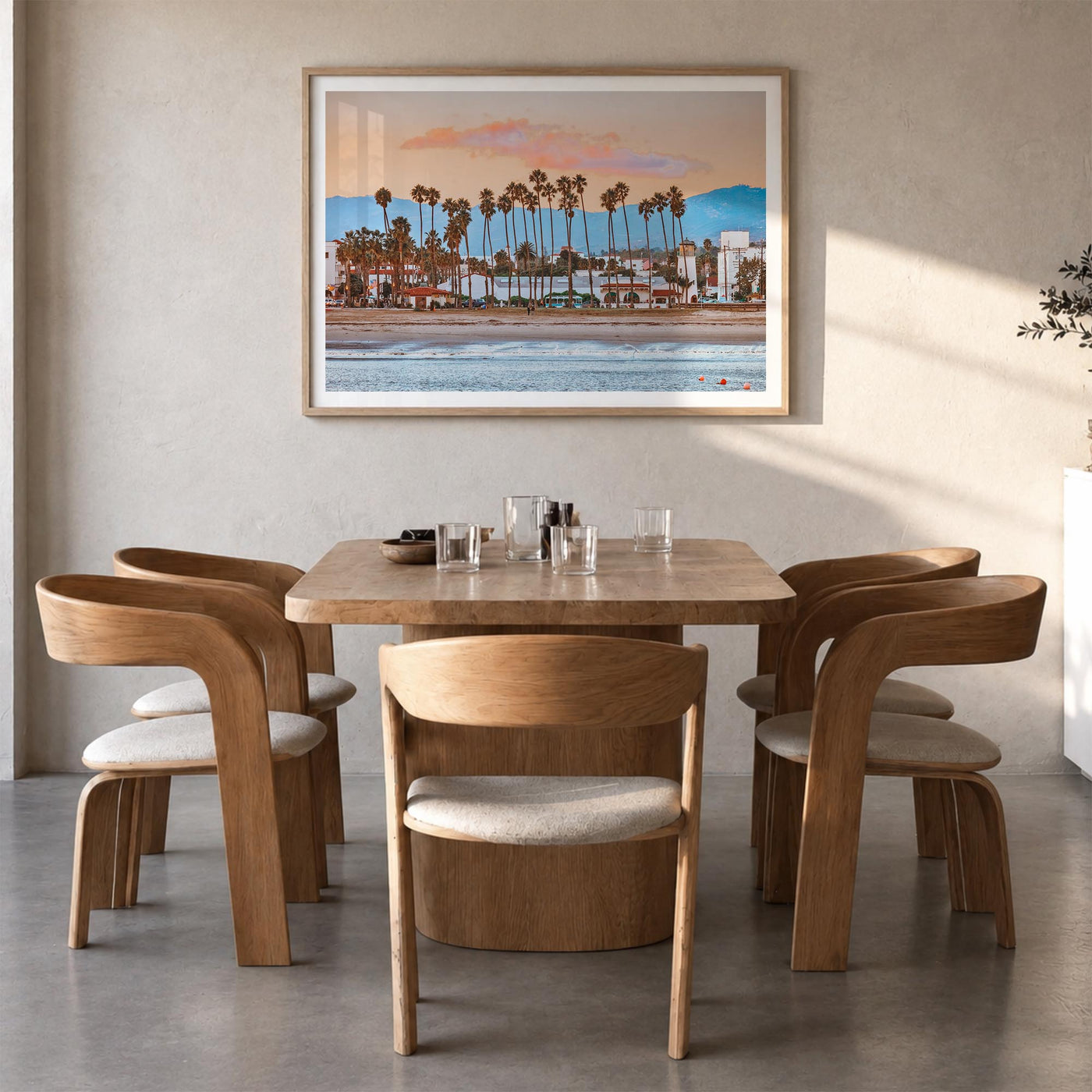 Santa Barbara colorful photo poster of California, USA – horizontal wall art in natural wood frame with white border, hanging