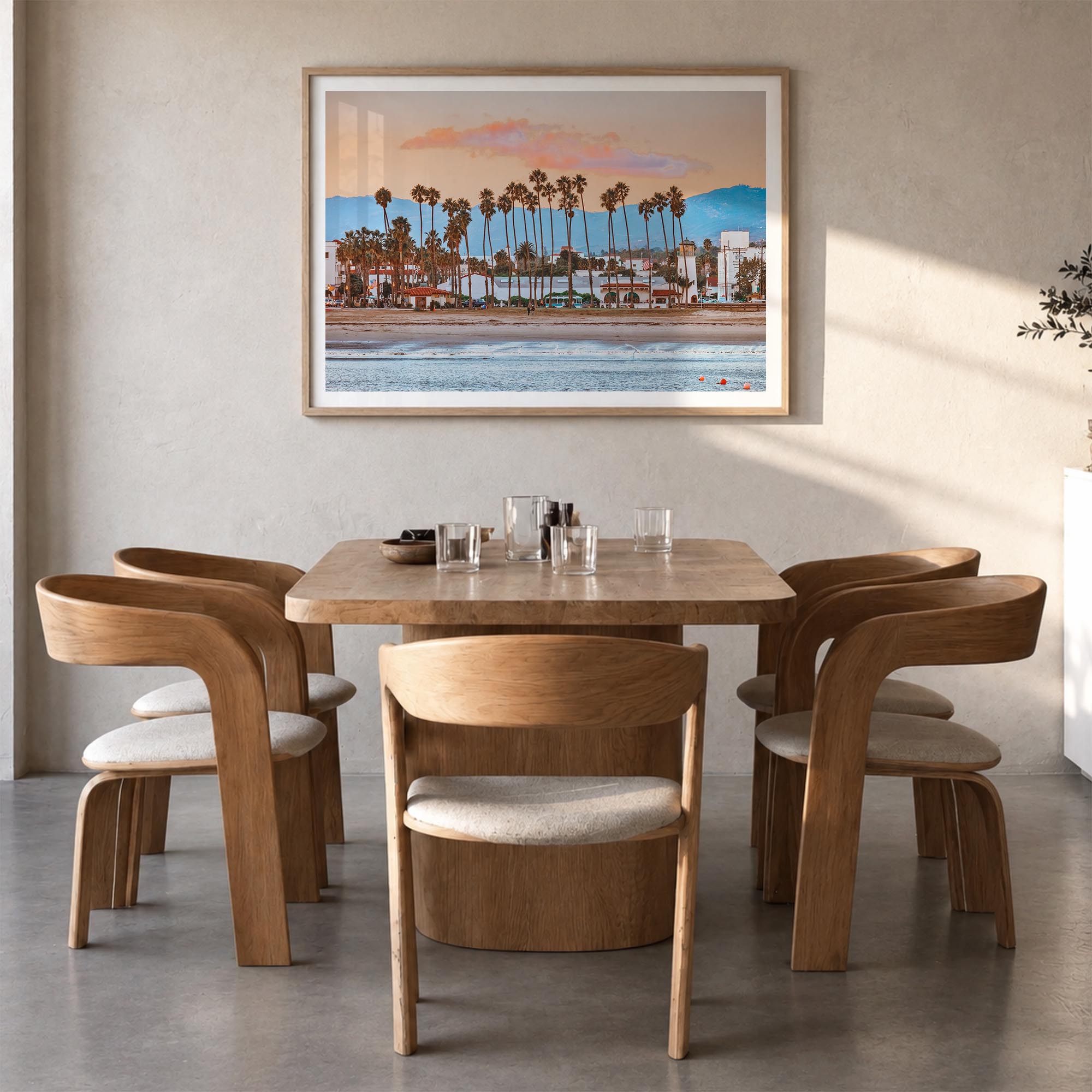 Santa Barbara colorful photo poster of California, USA – horizontal wall art in natural wood frame with white border, hanging