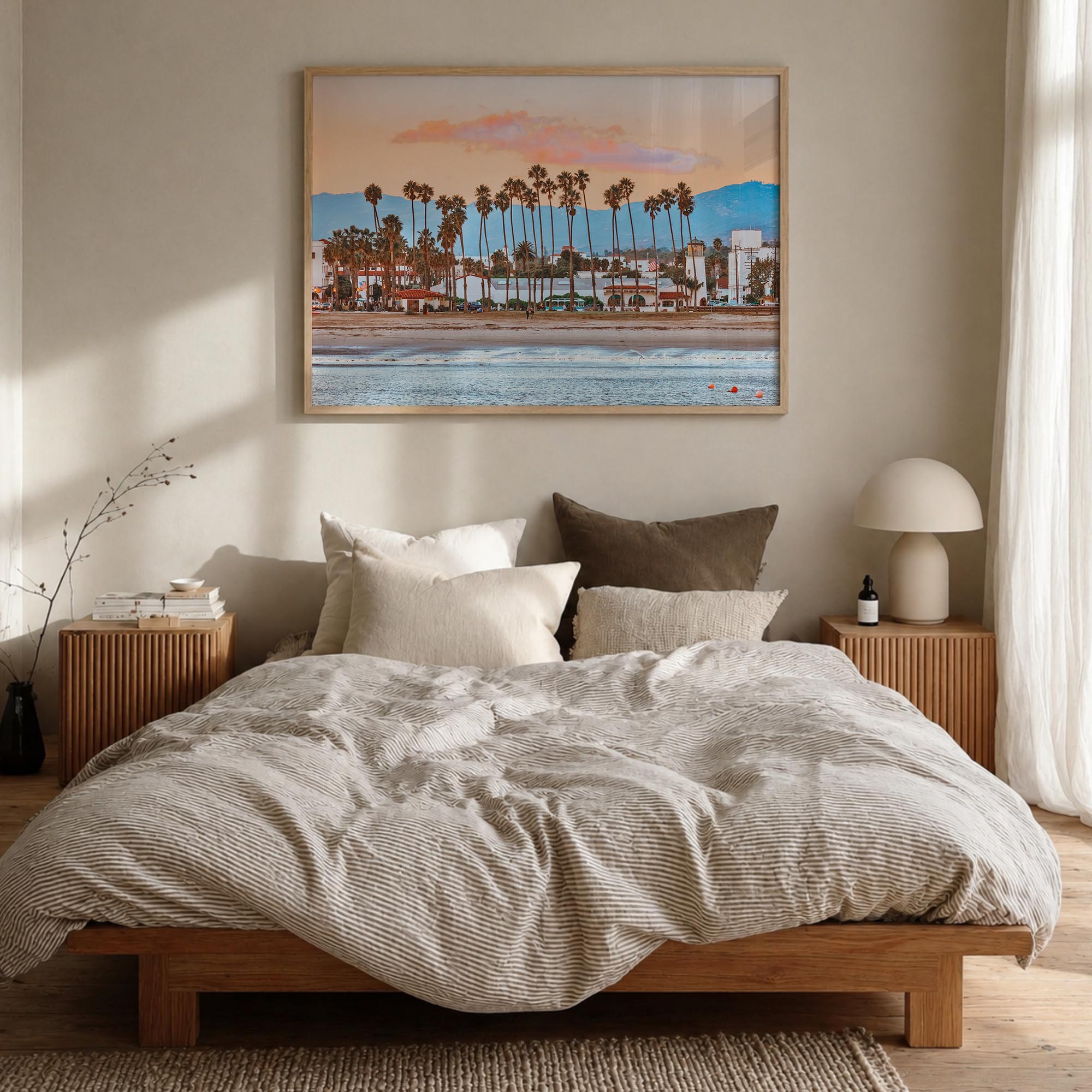 Santa Barbara colorful photo poster of California, USA – horizontal wall art in natural wood frame, hanging on wall