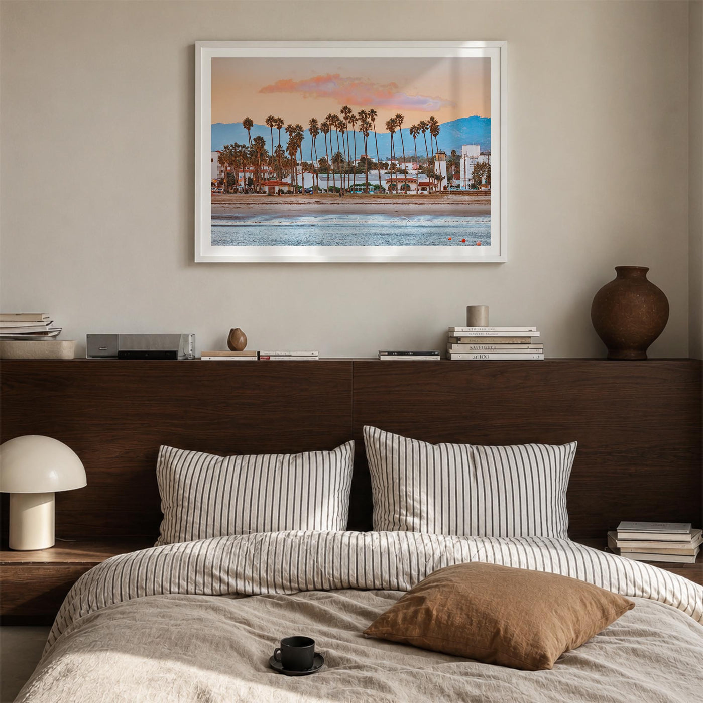Santa Barbara colorful photo poster of California, USA – horizontal wall art in white wood frame with white border, hanging o