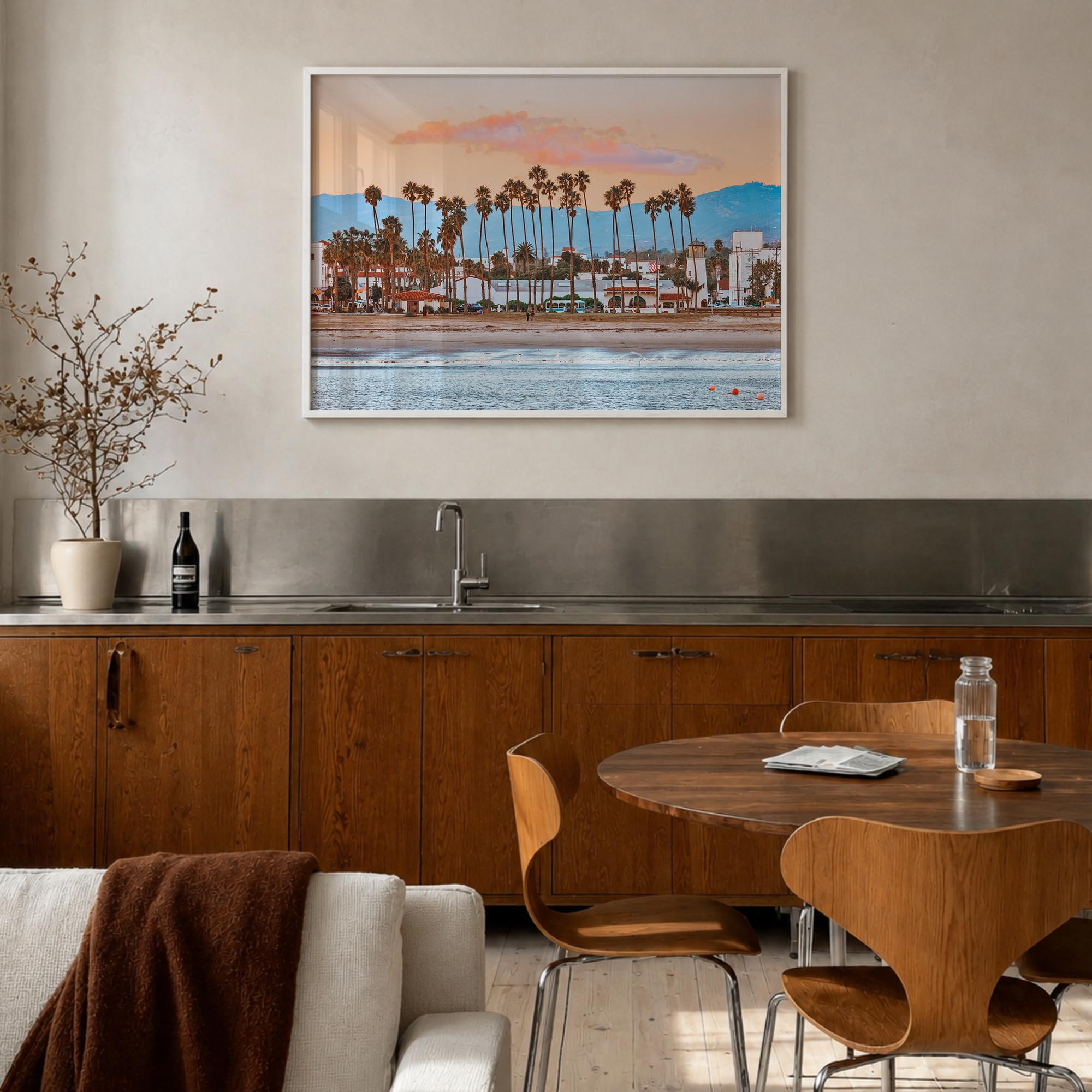 Santa Barbara colorful photo poster of California, USA – horizontal wall art in white wood frame, hanging on wall