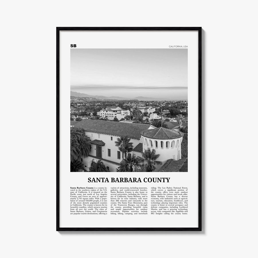 Santa Barbara County black & white newspaper poster of California, USA – vertical wall art, unframed print shown in interior 