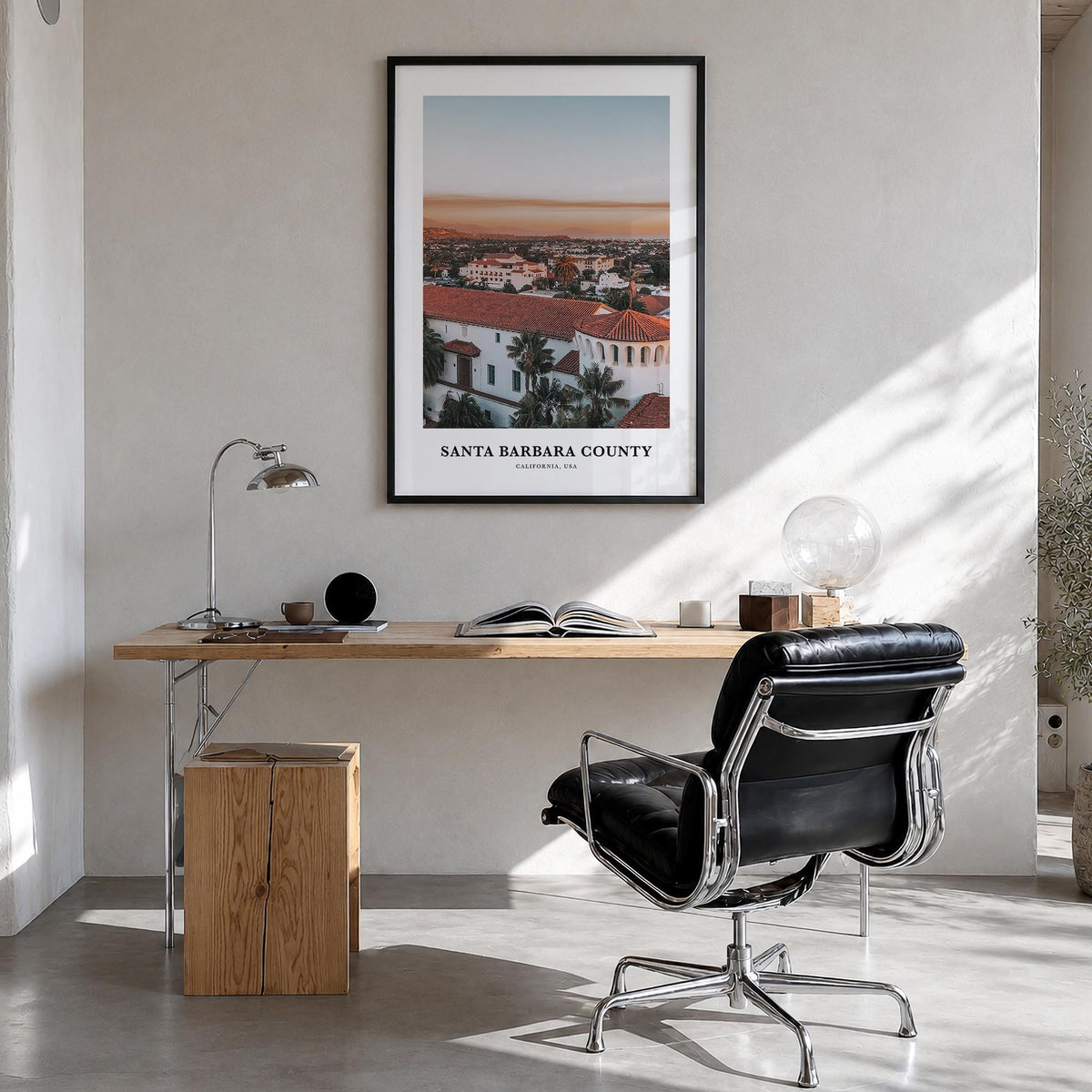 Santa Barbara County colorful classic poster of California, USA – vertical wall art in black wood frame, hanging on wall