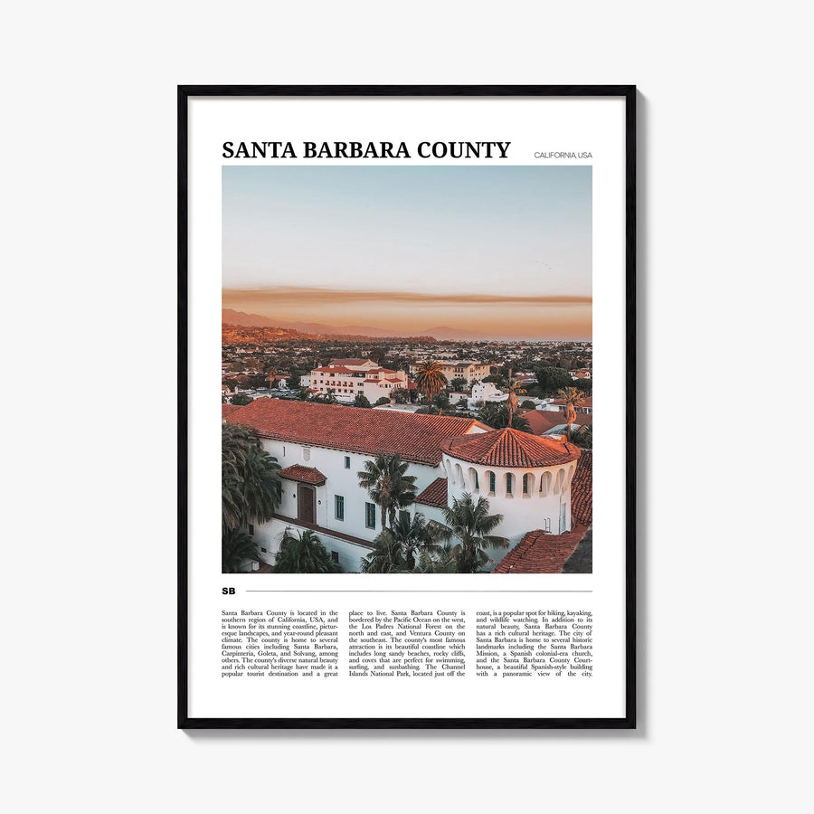 Santa Barbara County colorful travel poster of California, USA – vertical wall art, unframed print shown in interior mockup
