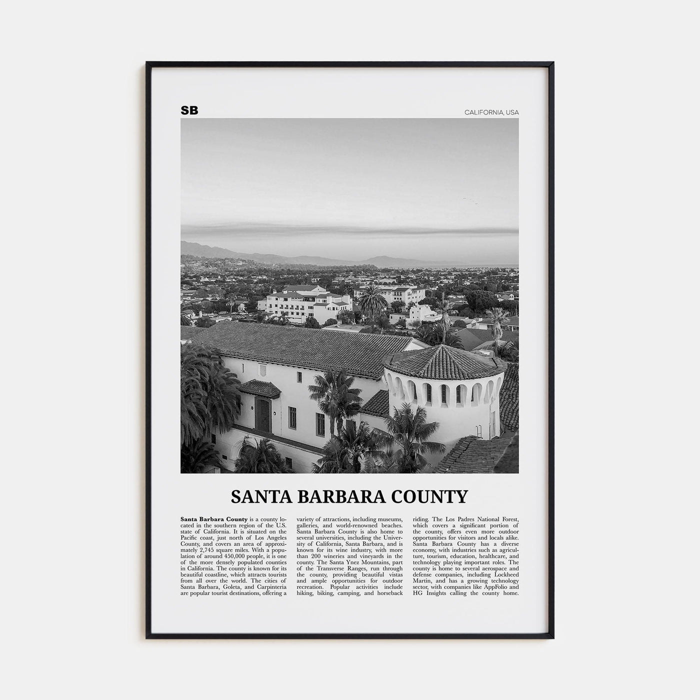 Santa Barbara County Poster Black Metal / 8x12 in Nbourhood Travel B&W Poster