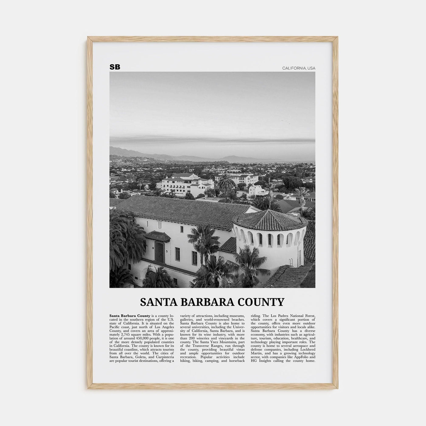 Santa Barbara County Poster Natural Wood / 8x12 in Nbourhood Travel B&W Poster