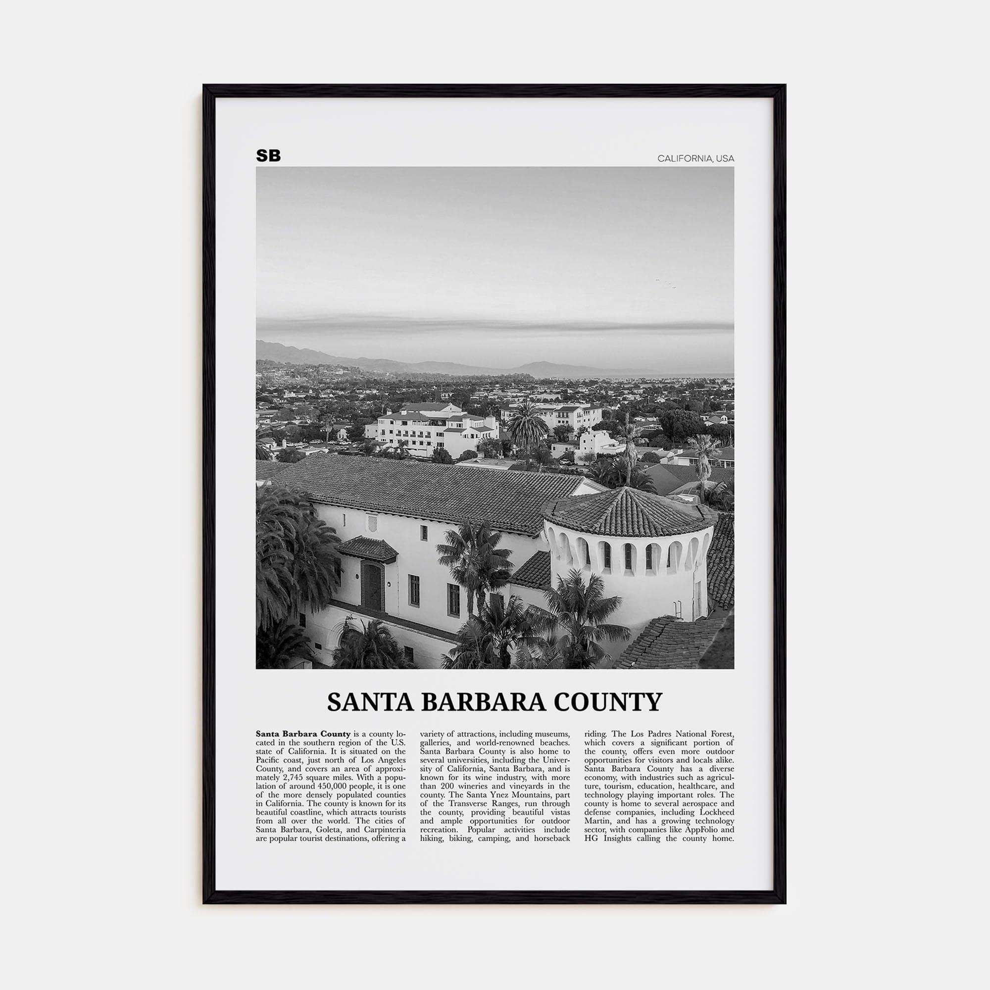 Santa Barbara County Poster Black Wood / 8x12 in Nbourhood Travel B&W Poster