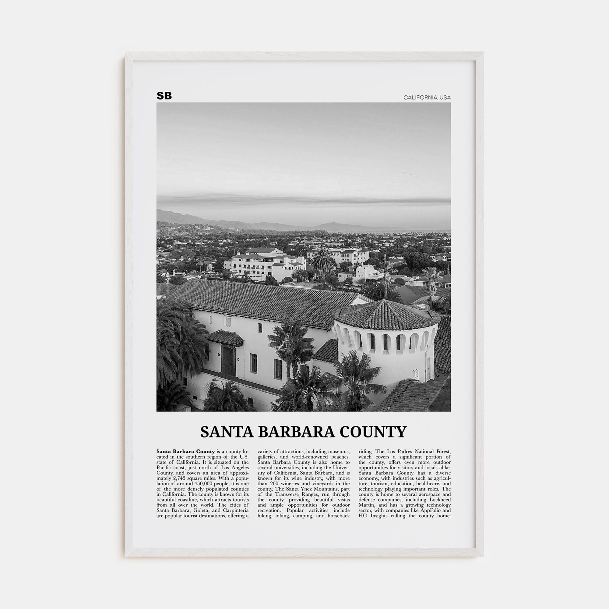 Santa Barbara County Poster White Wood / 8x12 in Nbourhood Travel B&W Poster