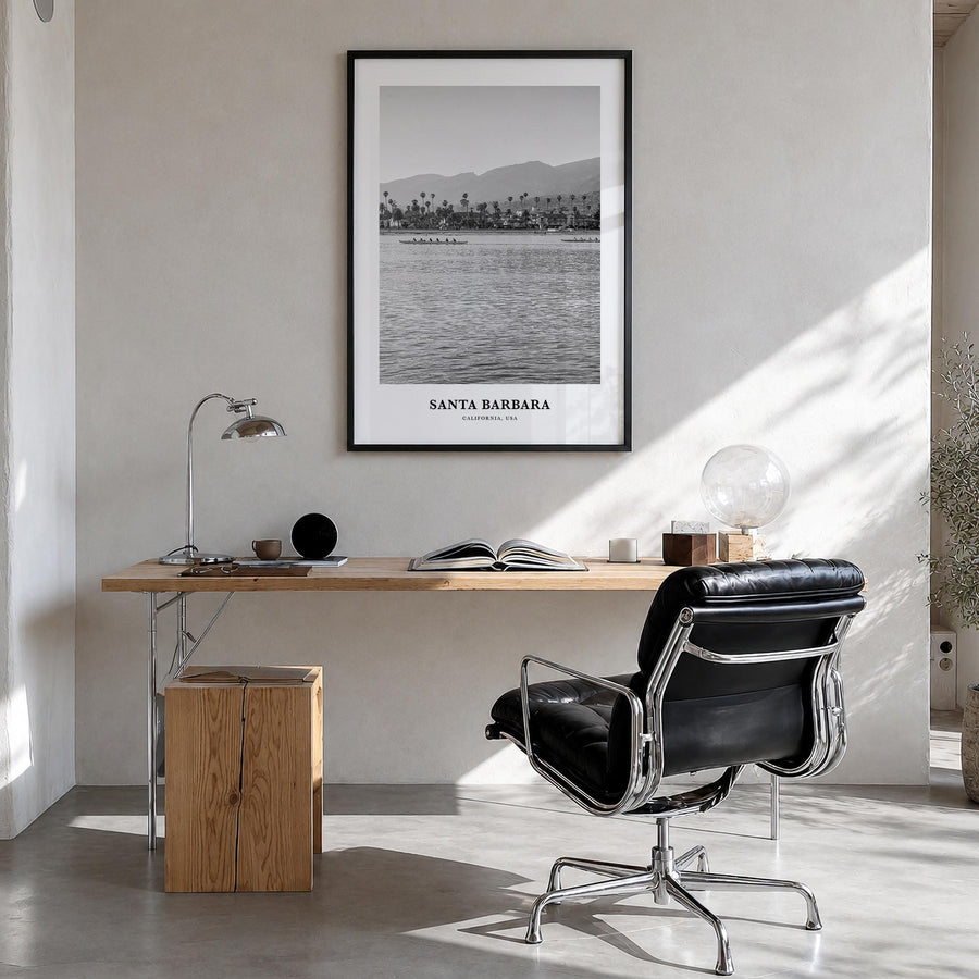 Santa Barbara no. 1 black & white classic poster of California, USA – vertical wall art in black wood frame, hanging on wall