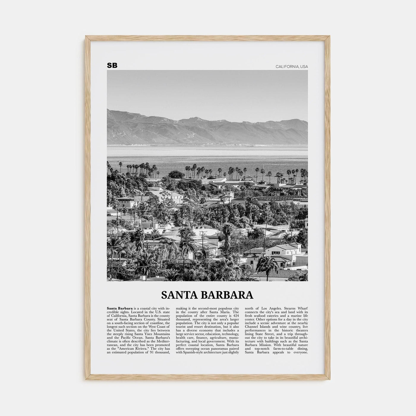 Santa Barbara No 1 Poster Natural Wood / 8x12 in Nbourhood Travel B&W Poster