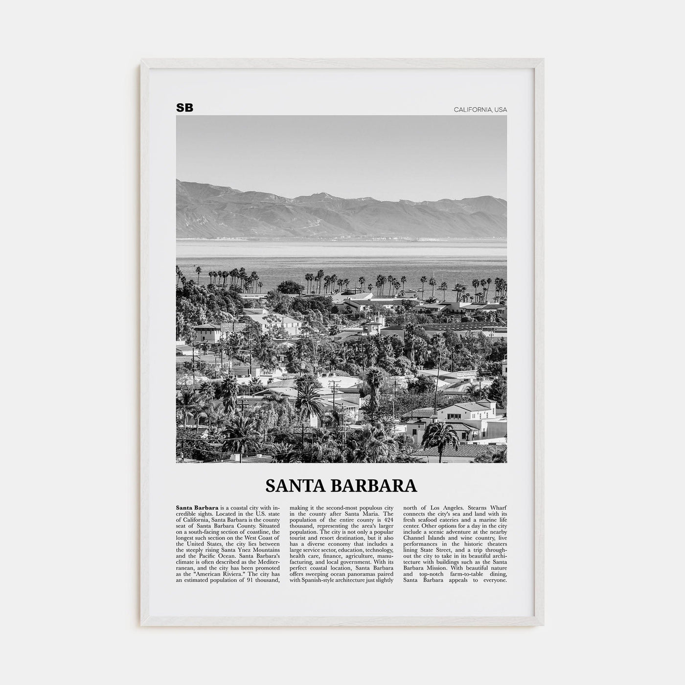 Santa Barbara No 1 Poster White Wood / 8x12 in Nbourhood Travel B&W Poster