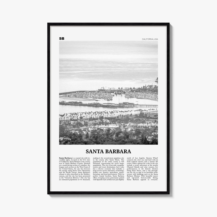 Santa Barbara no. 2 black & white newspaper poster of California, USA – vertical wall art, unframed print shown in interior m