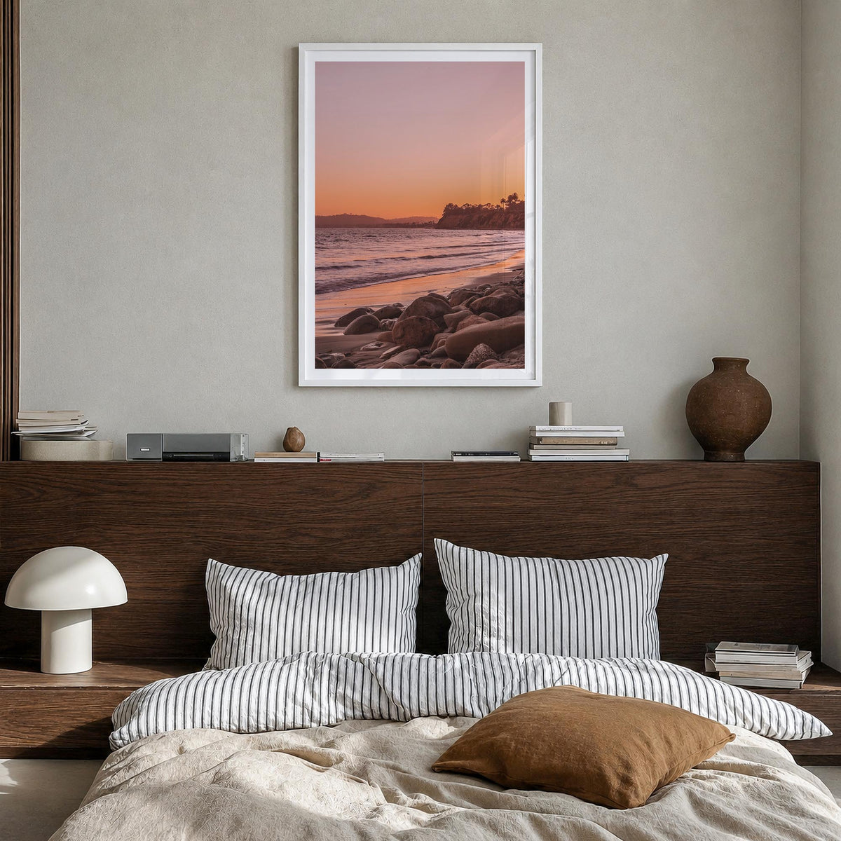 Santa Barbara no. 2 colorful photo poster of California, USA – vertical wall art in white wood frame with white border, hangi