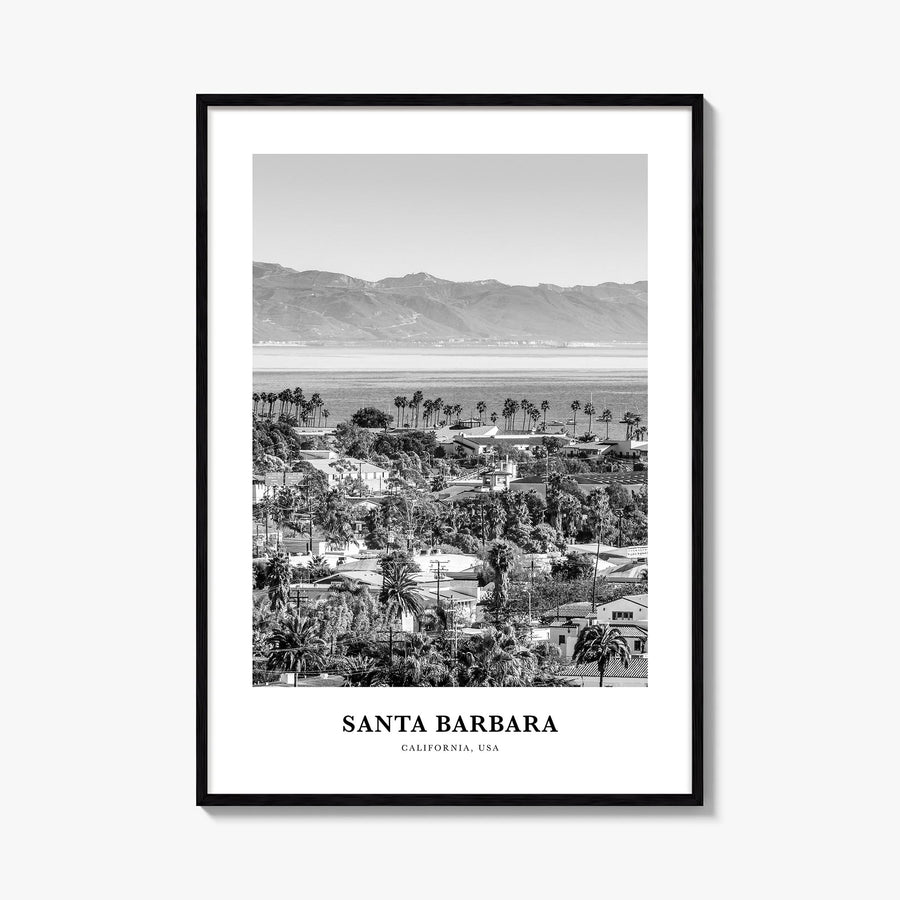 Santa Barbara no. 3 black & white classic poster of California, USA – vertical wall art, unframed print shown in interior moc