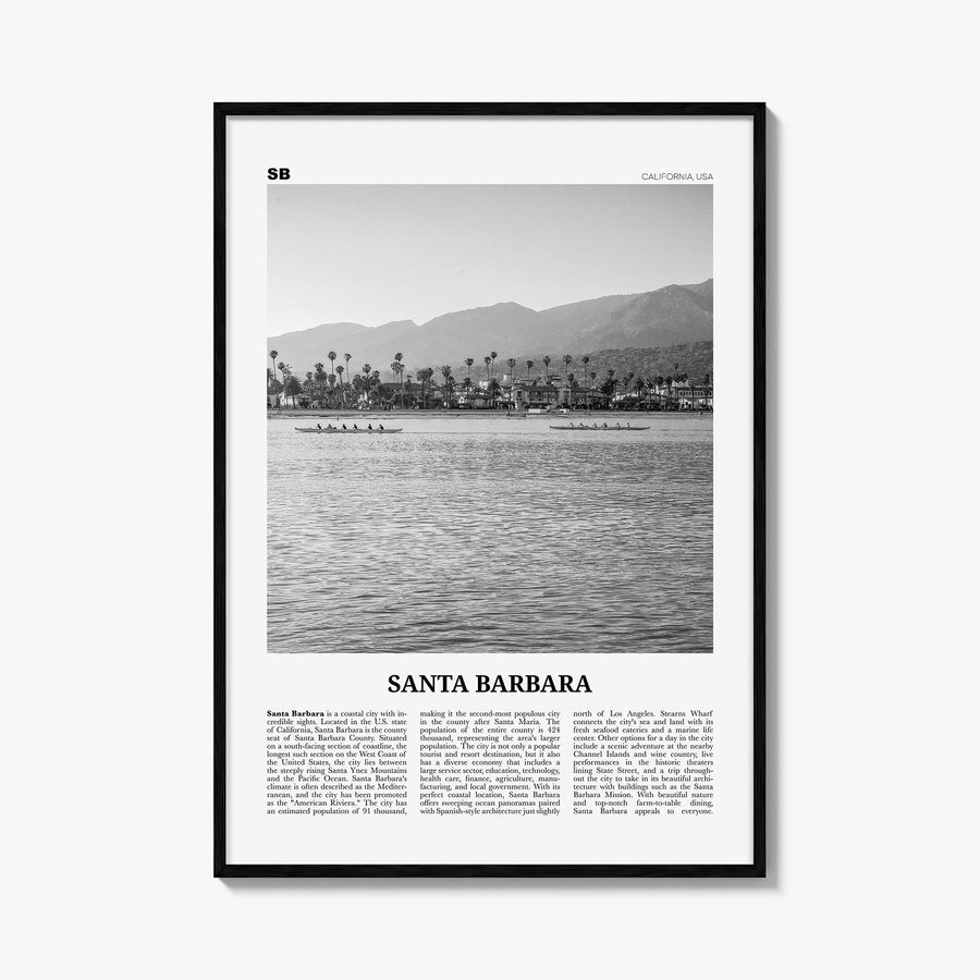Santa Barbara no. 3 black & white newspaper poster of California, USA – vertical wall art, unframed print shown in interior m