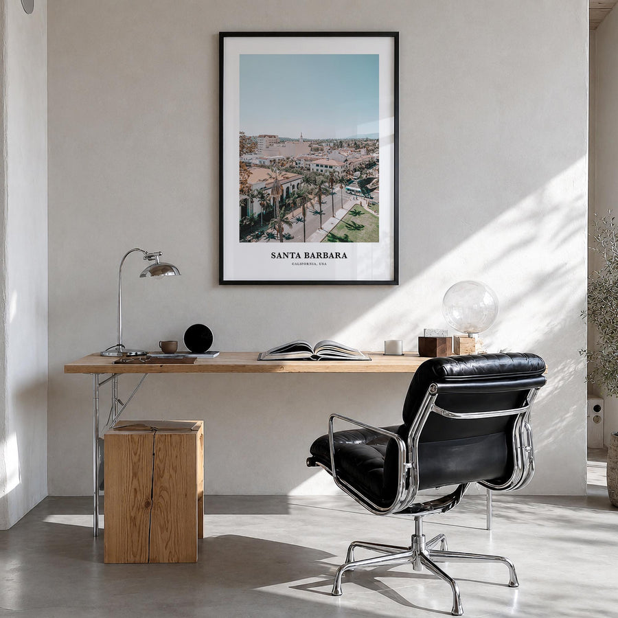 Santa Barbara no. 3 colorful classic poster of California, USA – vertical wall art in black wood frame, hanging on wall