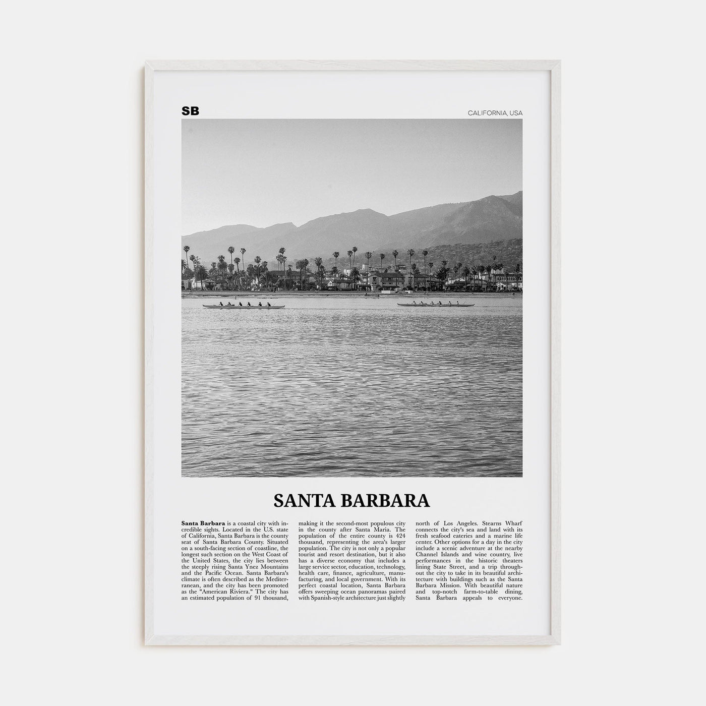 Santa Barbara No 3 Poster White Wood / 8x12 in Nbourhood Travel B&W Poster