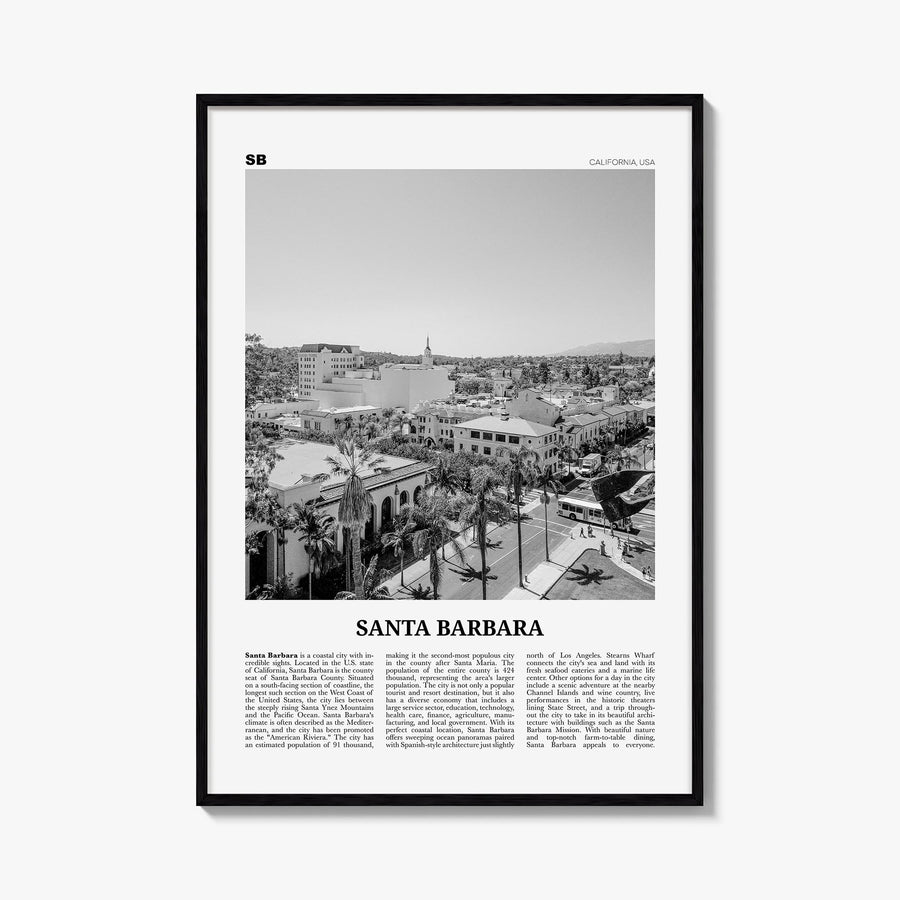 Santa Barbara no. 4 black & white newspaper poster of California, USA – vertical wall art, unframed print shown in interior m