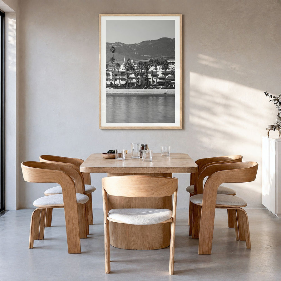 Santa Barbara Photo No 1 Poster in a natural wood frame, hanging in a dining room, white border