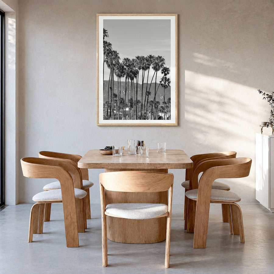 Santa Barbara Photo No 2 Poster in a natural wood frame, hanging in a dining room, white border