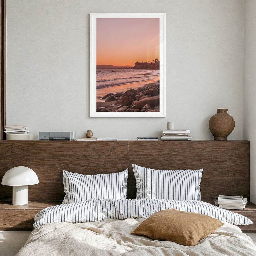 Santa Barbara Photo No 2 Poster in a white wood frame, hanging in a bedroom, white border