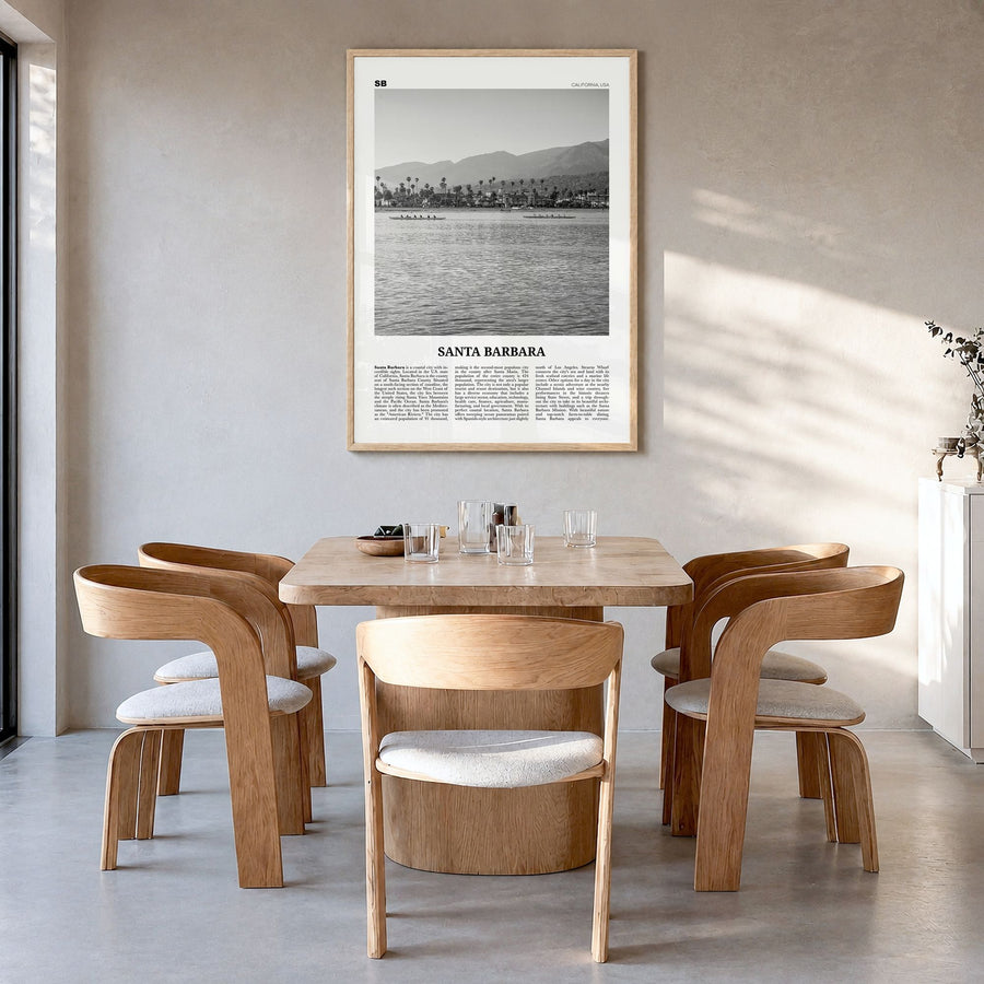 Santa Barbara Newspaper No 3 Poster in a natural wood frame, hanging in a dining room
