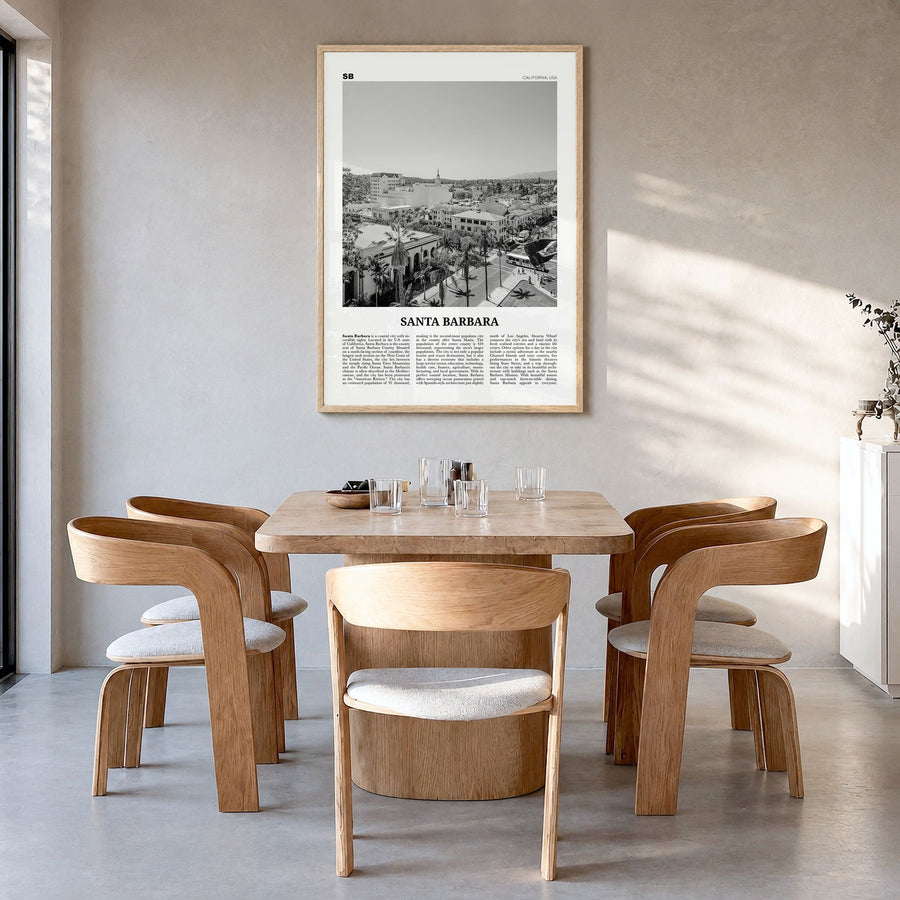 Santa Barbara Newspaper No 4 Poster in a natural wood frame, hanging in a dining room