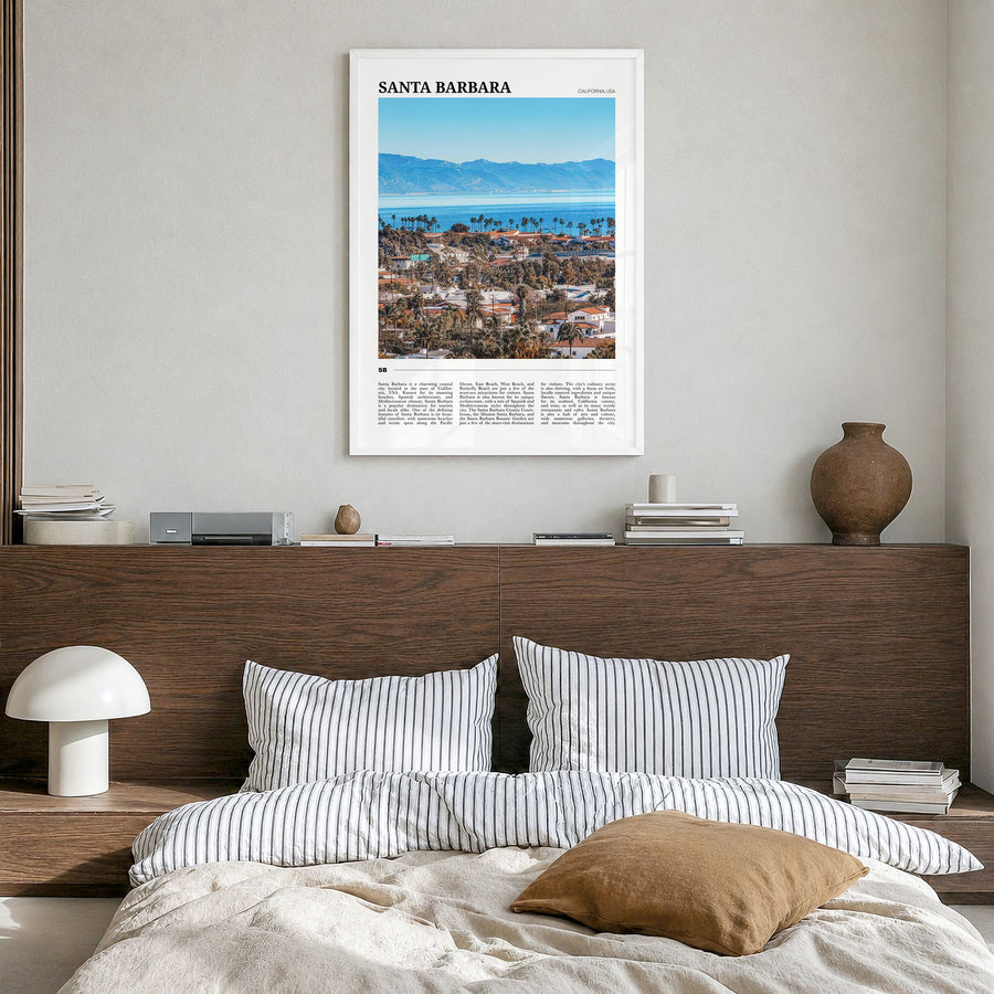 Santa Barbara Travel No 1 Poster in a white wood frame, hanging in a bedroom