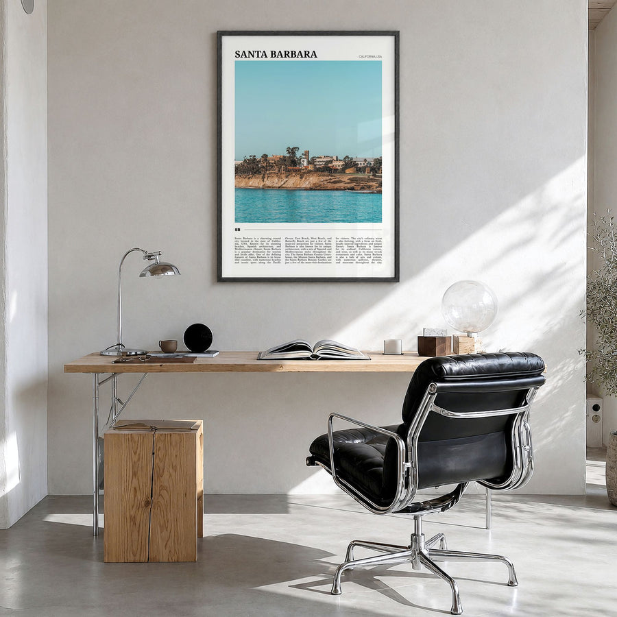 Santa Barbara Travel No 2 Poster in a black wood frame, hanging in a bright home office