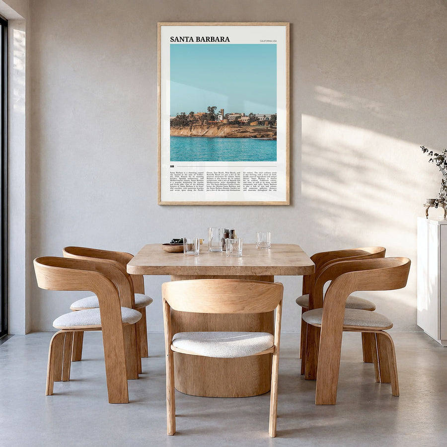 Santa Barbara Travel No 2 Poster in a natural wood frame, hanging in a dining room