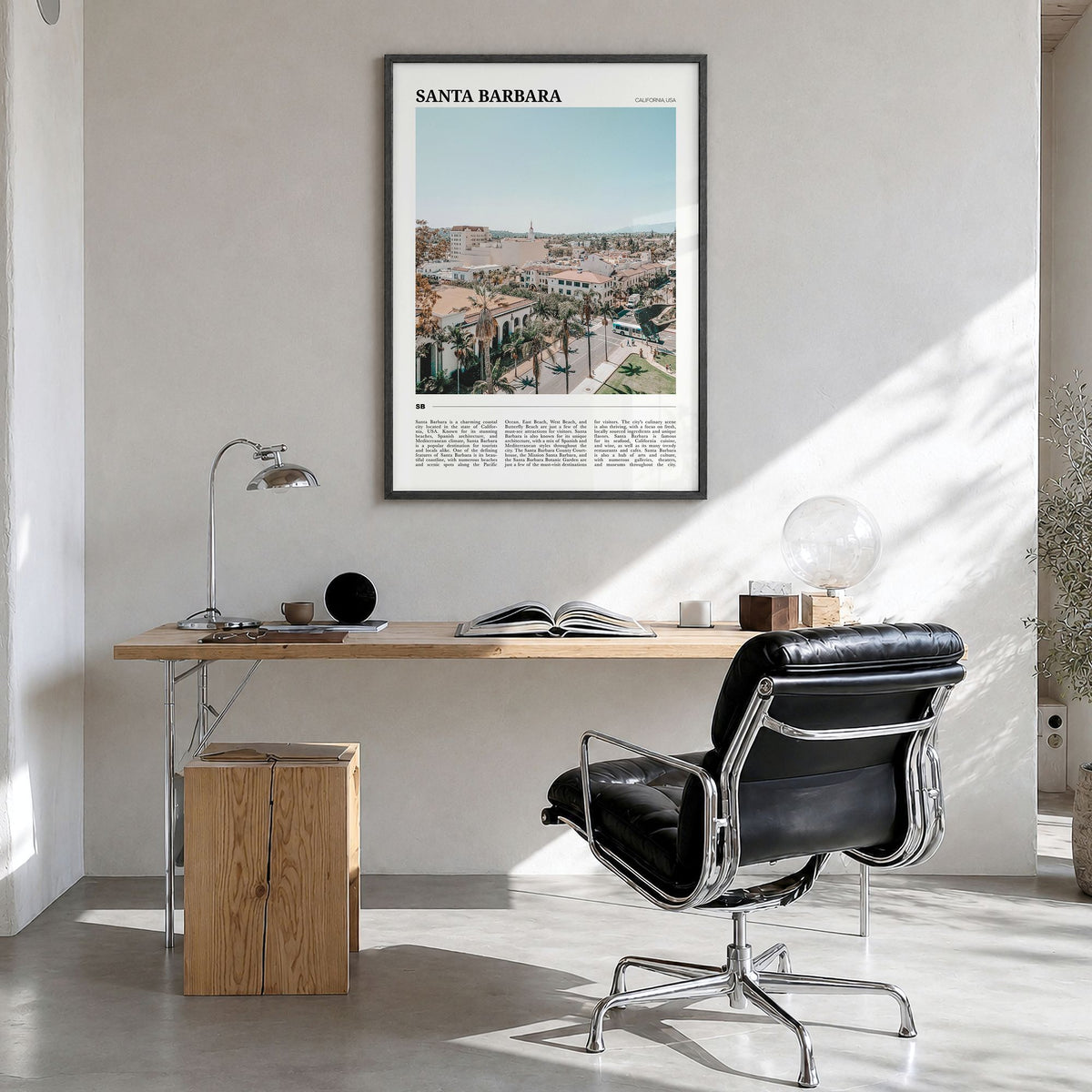 Santa Barbara Travel No 3 Poster in a black wood frame, hanging in a bright home office