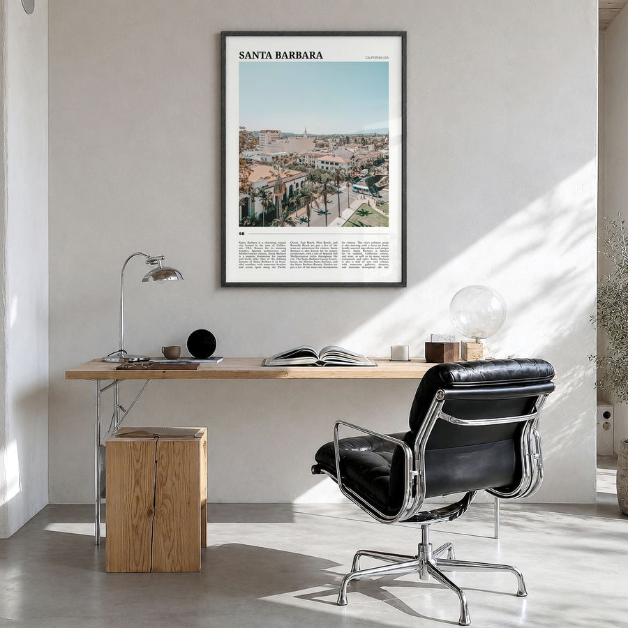 Santa Barbara Travel No 3 Poster in a black wood frame, hanging in a bright home office