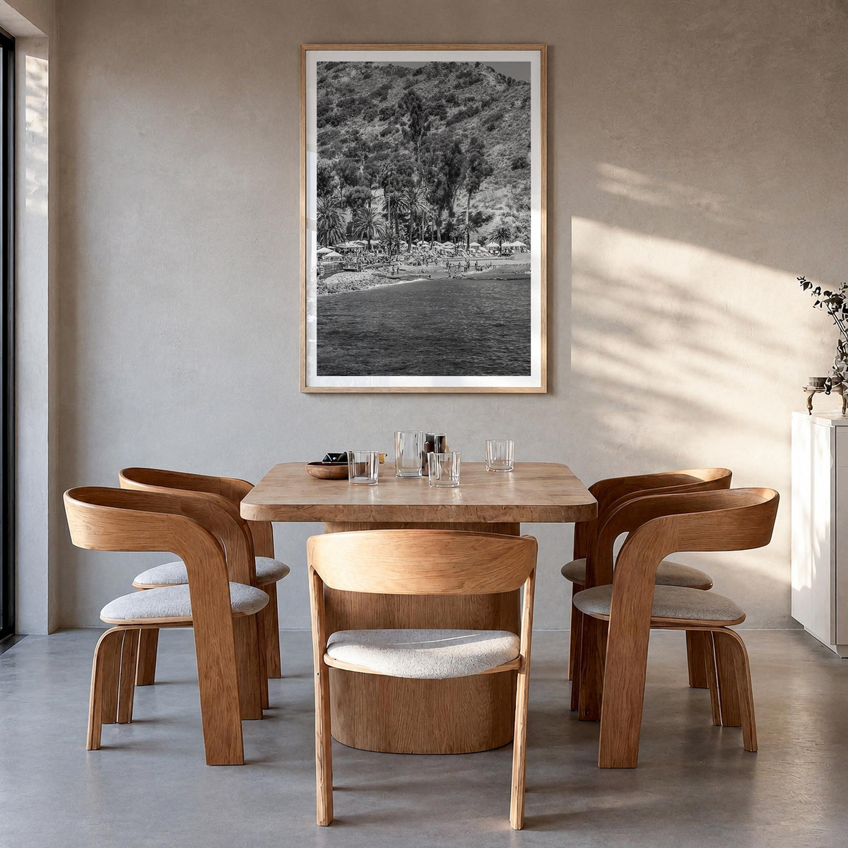 Santa Catalina Island black & white photo poster of California, USA – vertical wall art in natural wood frame with white bord