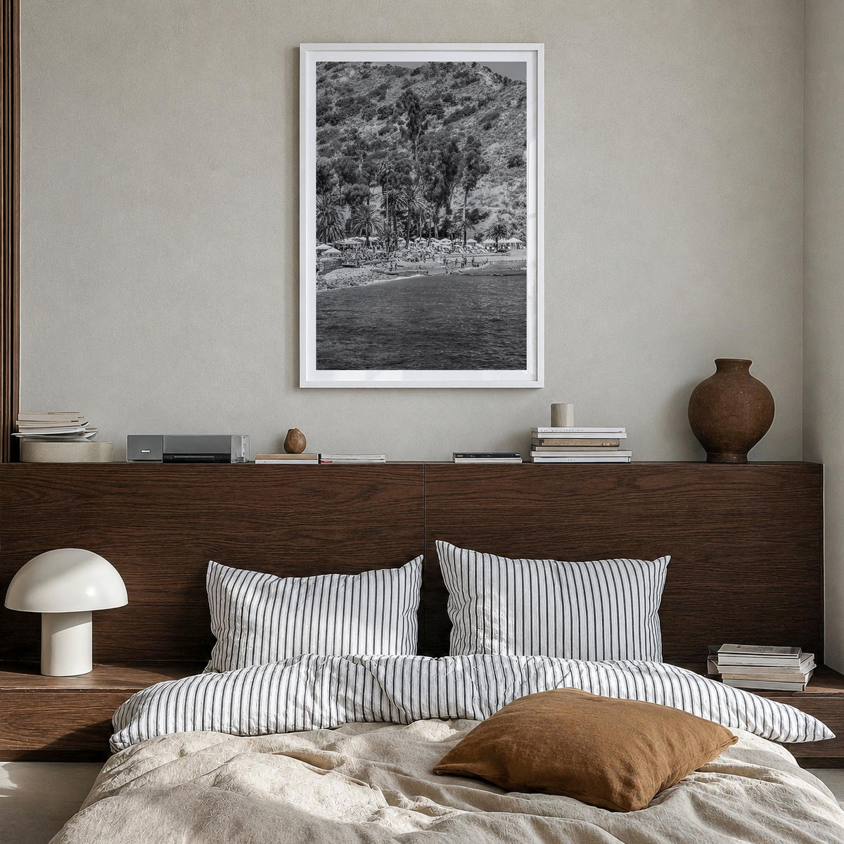 Santa Catalina Island black & white photo poster of California, USA – vertical wall art in white wood frame with white border