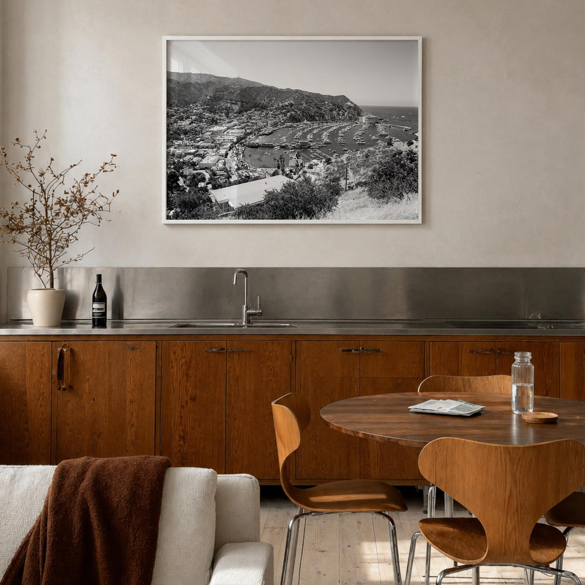 Santa Catalina Island black & white photo poster of California, USA – horizontal wall art in white wood frame, hanging on wal