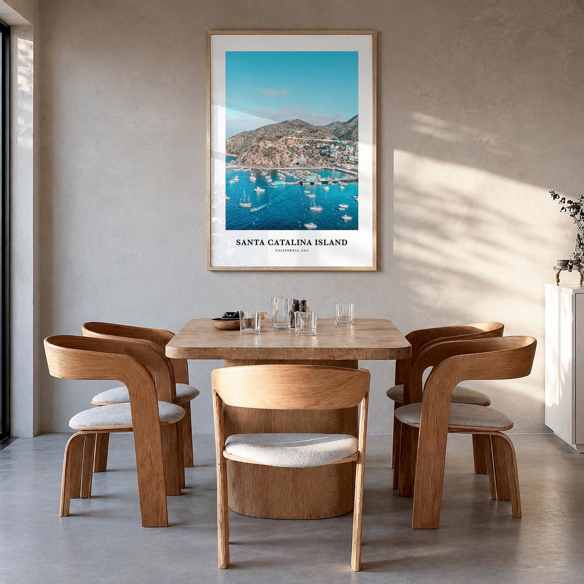 Santa Catalina Island colorful classic poster of California, USA – vertical wall art in natural wood frame, hanging on wall