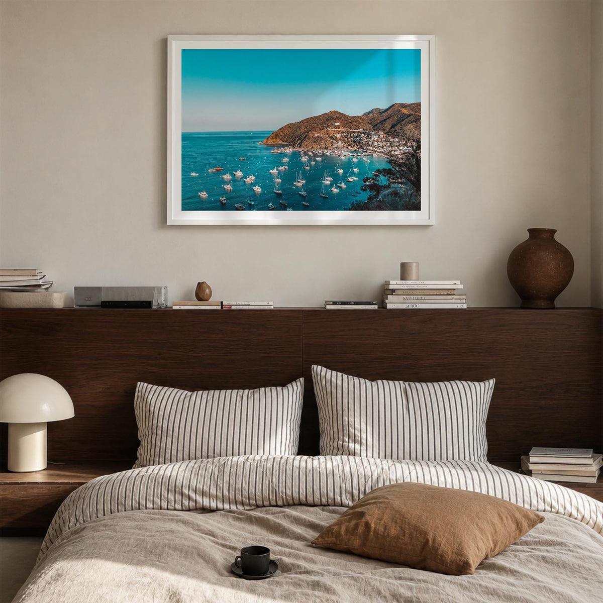 Santa Catalina Island colorful photo poster of California, USA – horizontal wall art in white wood frame with white border, h