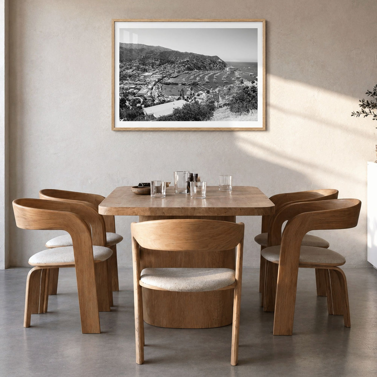 Santa Catalina Island Photo Poster in a natural wood frame, hanging in a dining room, white border