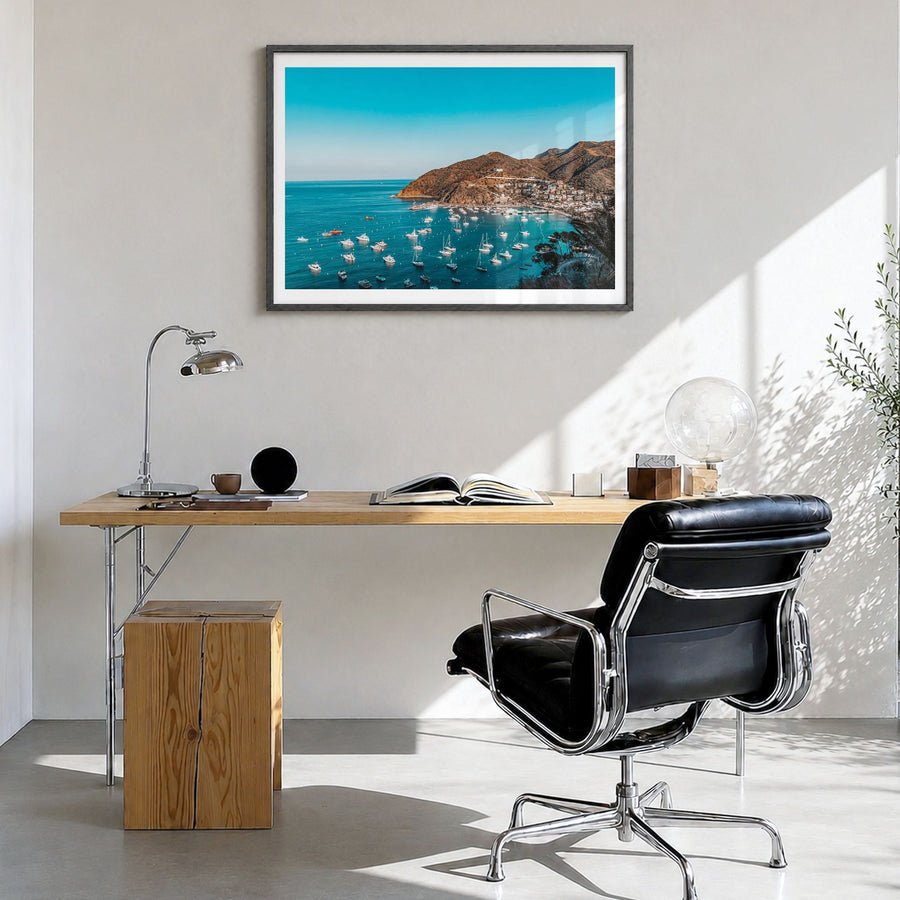 Santa Catalina Island Photo Poster in a black wood frame, hanging in a bright home office, white border