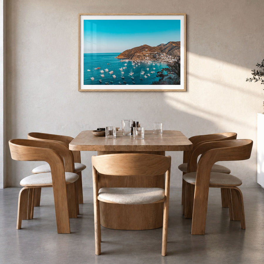 Santa Catalina Island Photo Poster in a natural wood frame, hanging in a dining room, white border