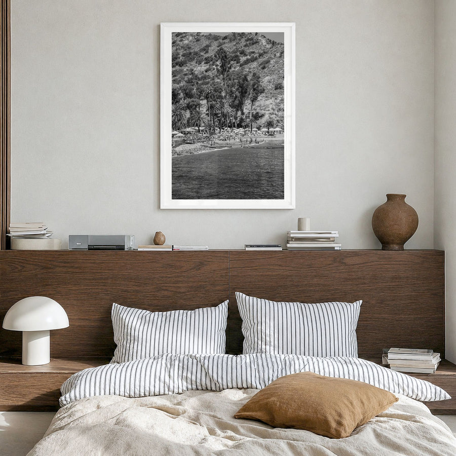 Santa Catalina Island Photo Poster in a white wood frame, hanging in a bedroom, white border