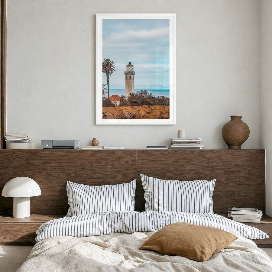 Santa Catalina Island Photo Poster in a white wood frame, hanging in a bedroom, white border