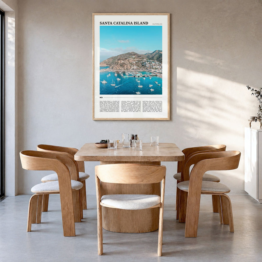Santa Catalina Island Travel Poster in a natural wood frame, hanging in a dining room