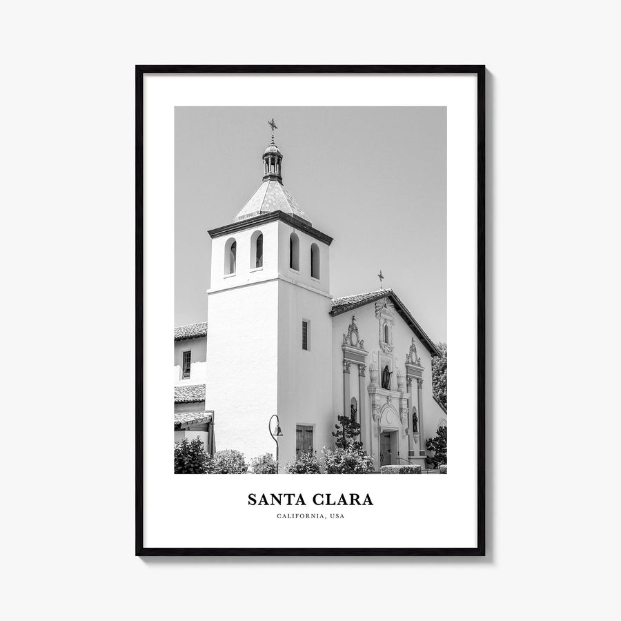Santa Clara black & white classic poster of California, USA – vertical wall art, unframed print shown in interior mockup