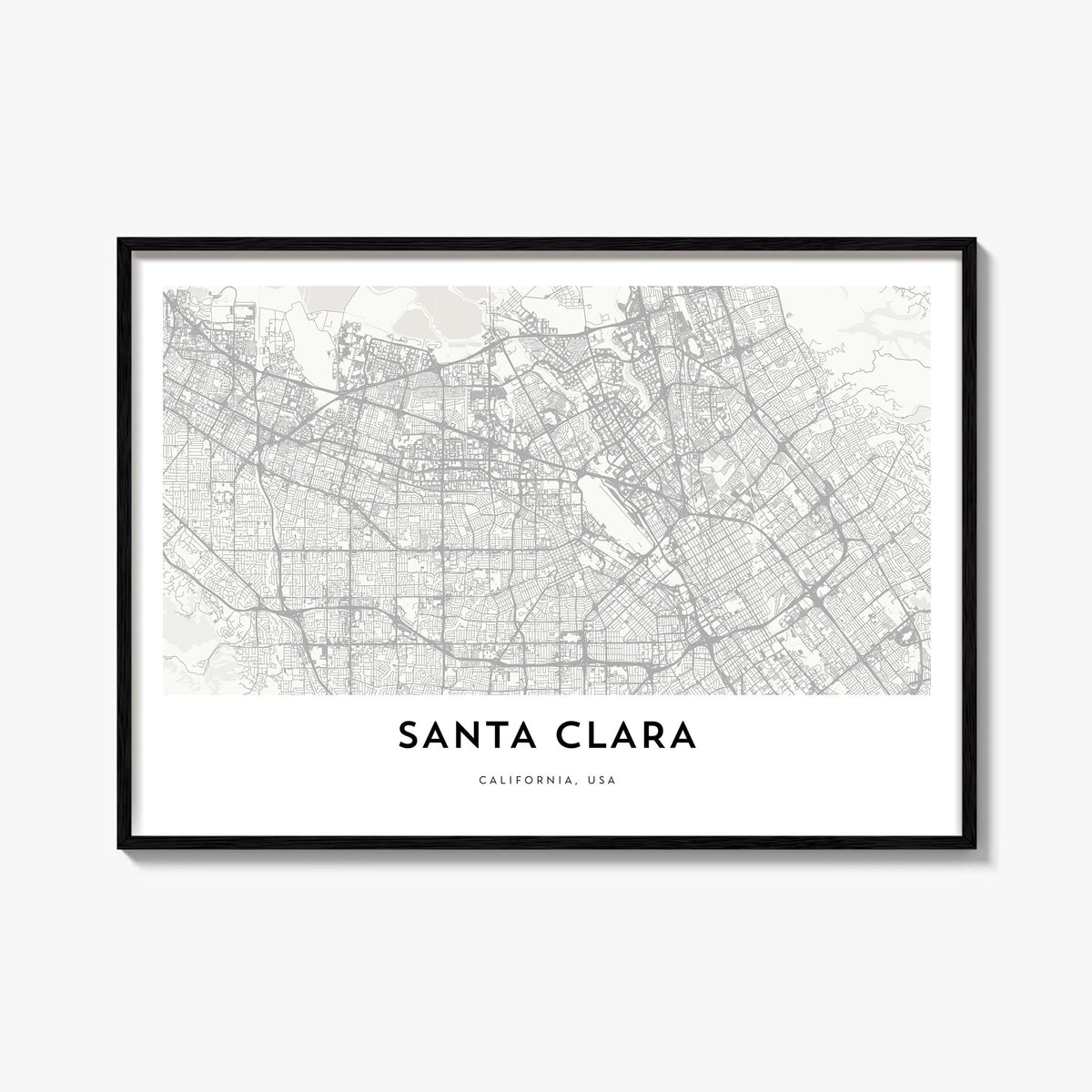 Santa Clara black & white map poster of California, USA – horizontal wall art, unframed print shown in interior mockup
