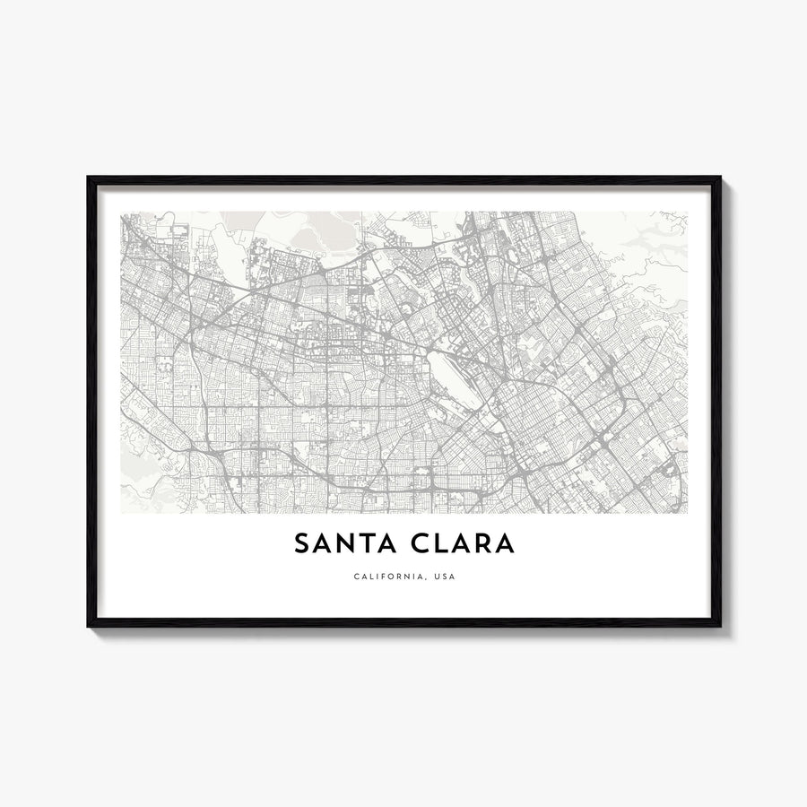 Santa Clara black & white map poster of California, USA – horizontal wall art, unframed print shown in interior mockup