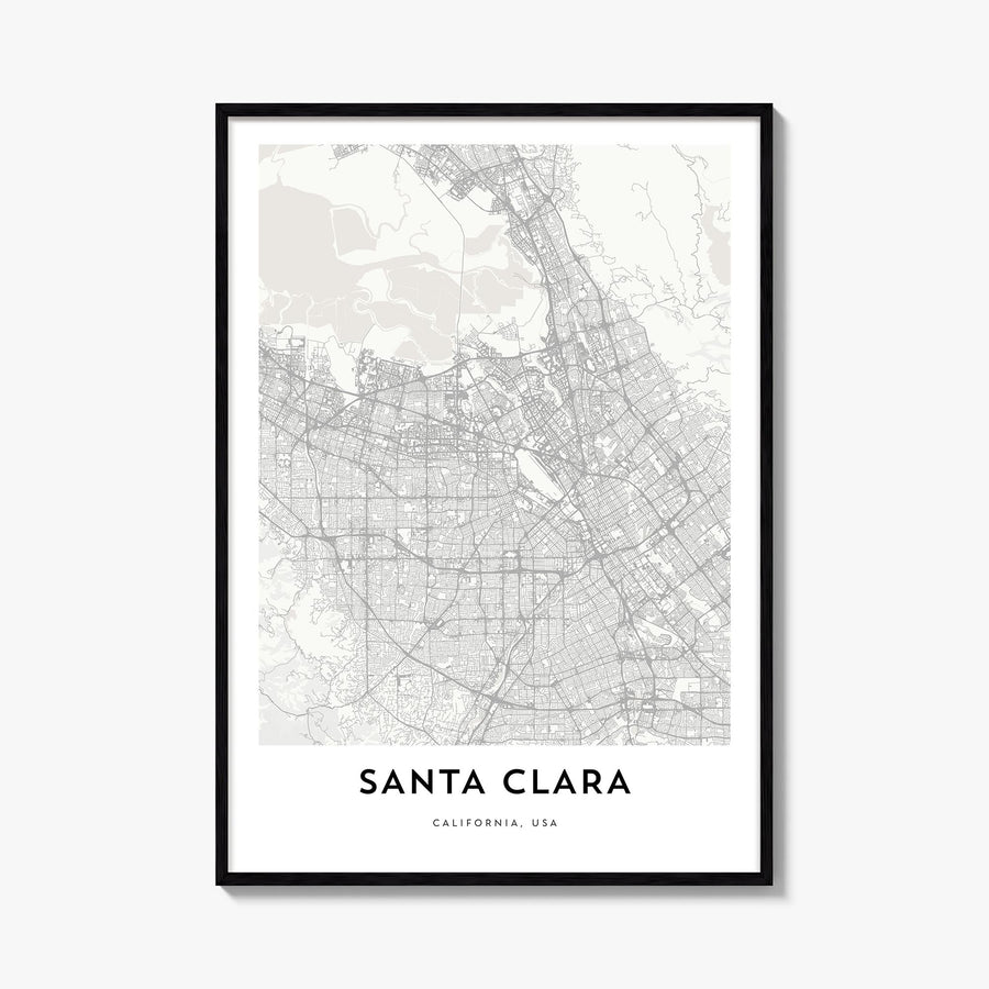 Santa Clara black & white map poster of California, USA – vertical wall art, unframed print shown in interior mockup