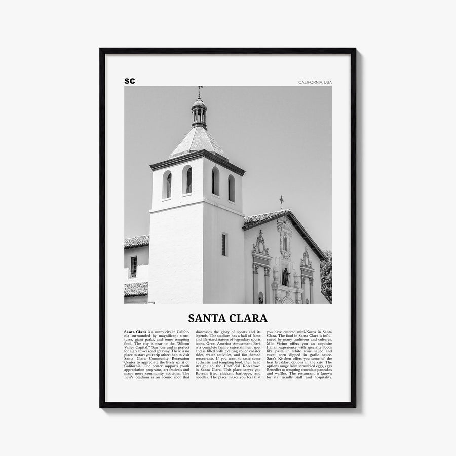 Santa Clara black & white newspaper poster of California, USA – vertical wall art, unframed print shown in interior mockup