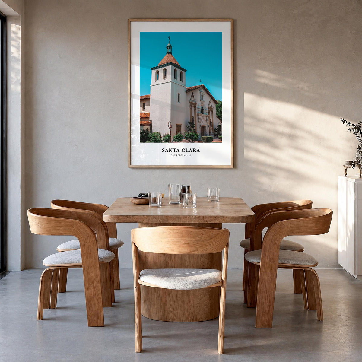 Santa Clara colorful classic poster of California, USA – vertical wall art in natural wood frame, hanging on wall